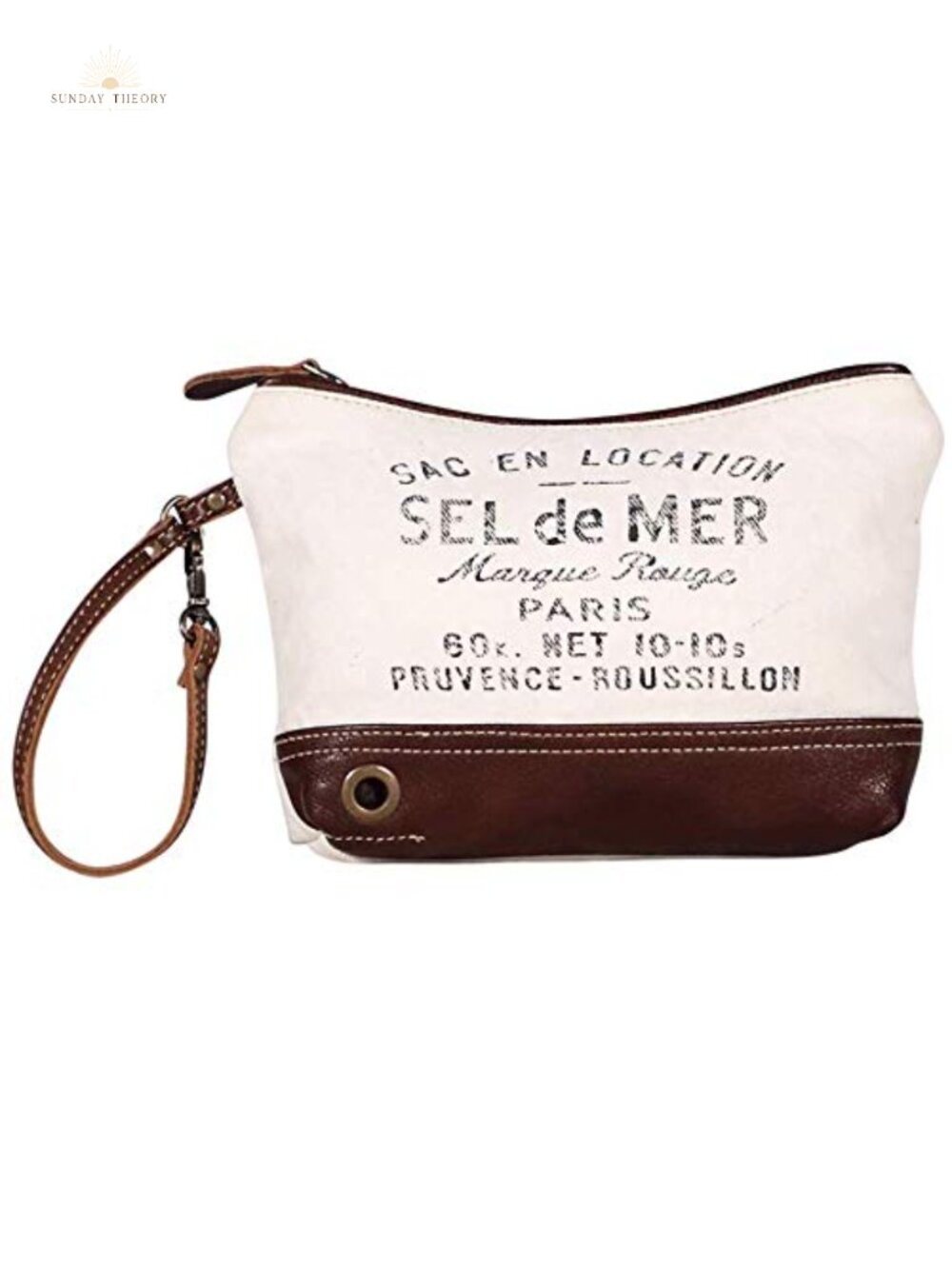 Canvas Wristlet Pouch with Leather Strap, French Themed Handbag, Upcycled Tote
